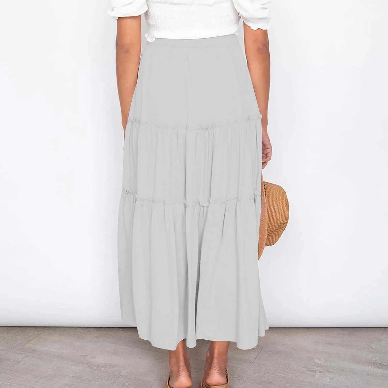 HGps8w Women's Boho Elastic High Waist A-line Skirts Ruffle A Line Flowy Tiered Beach Vacation Maxi Skirt with Drawstring