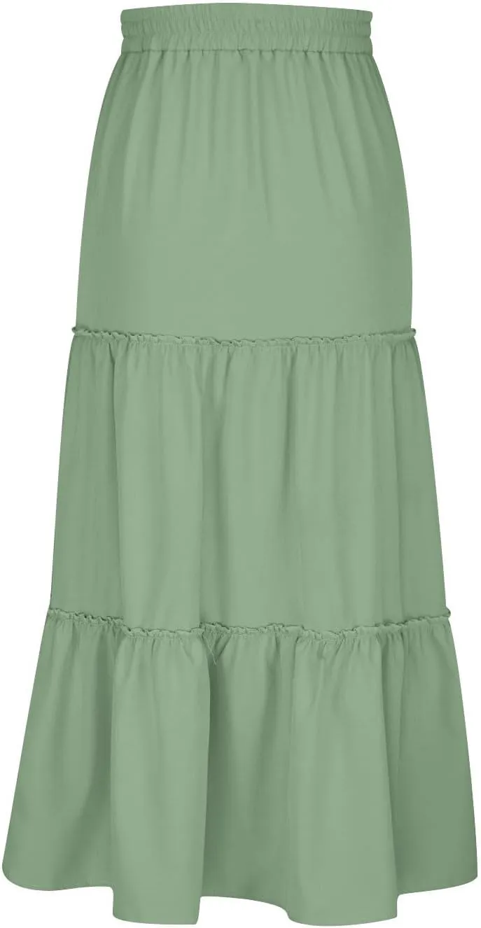 HGps8w Women's Boho Elastic High Waist A-line Skirts Ruffle A Line Flowy Tiered Beach Vacation Maxi Skirt with Drawstring