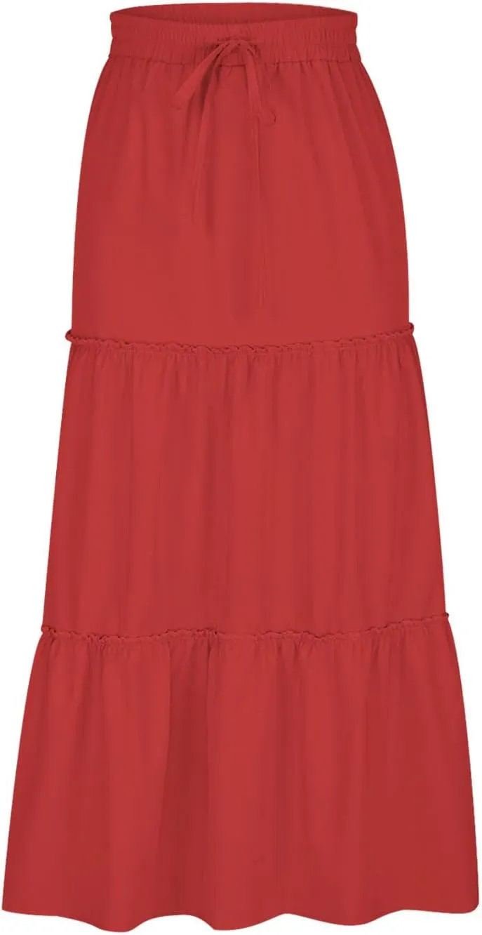 HGps8w Women's Boho Elastic High Waist A-line Skirts Ruffle A Line Flowy Tiered Beach Vacation Maxi Skirt with Drawstring
