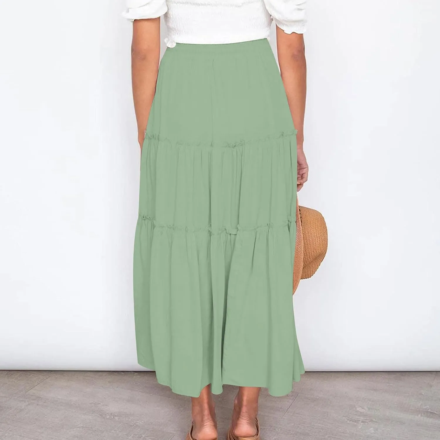 HGps8w Women's Boho Elastic High Waist A-line Skirts Ruffle A Line Flowy Tiered Beach Vacation Maxi Skirt with Drawstring