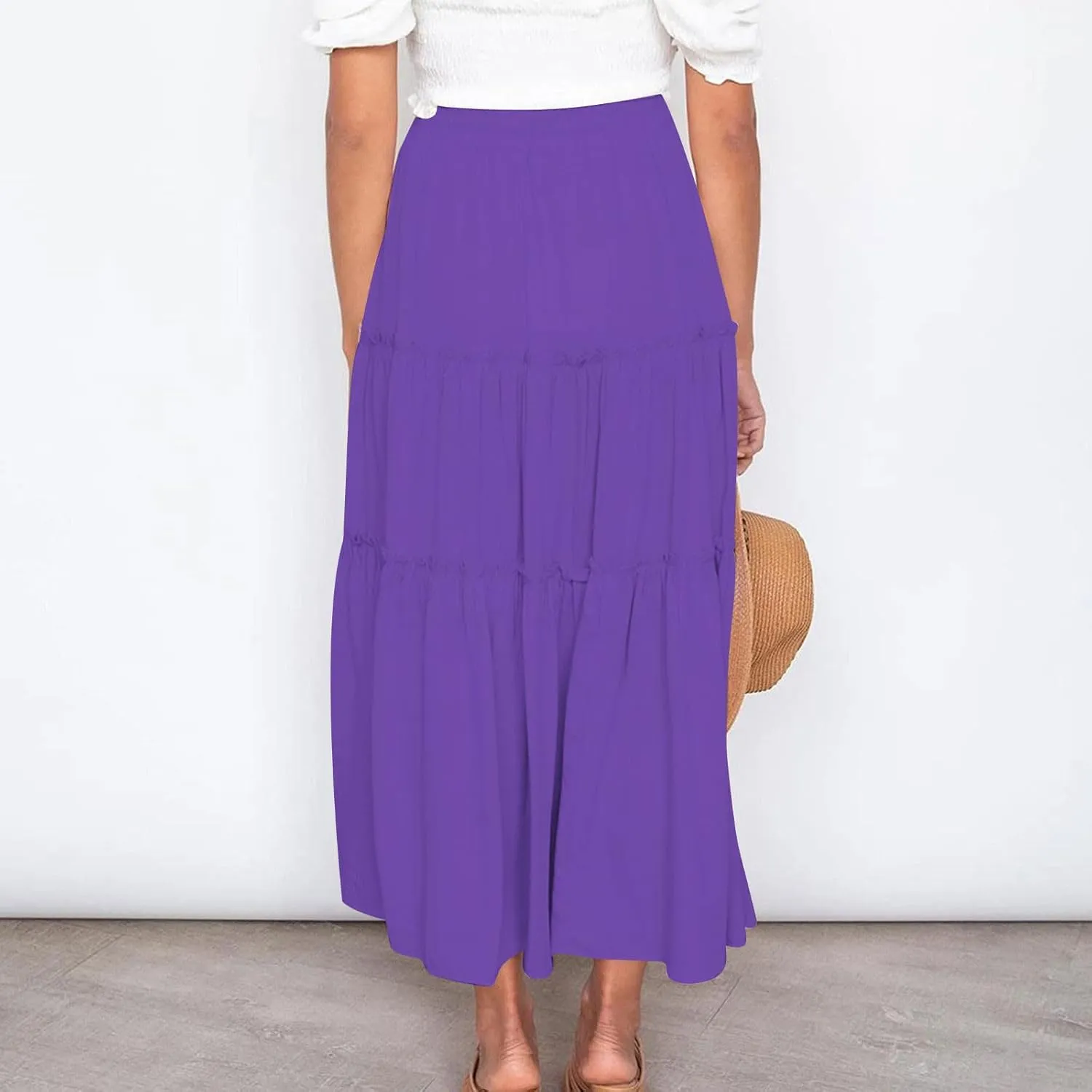 HGps8w Women's Boho Elastic High Waist A-line Skirts Ruffle A Line Flowy Tiered Beach Vacation Maxi Skirt with Drawstring