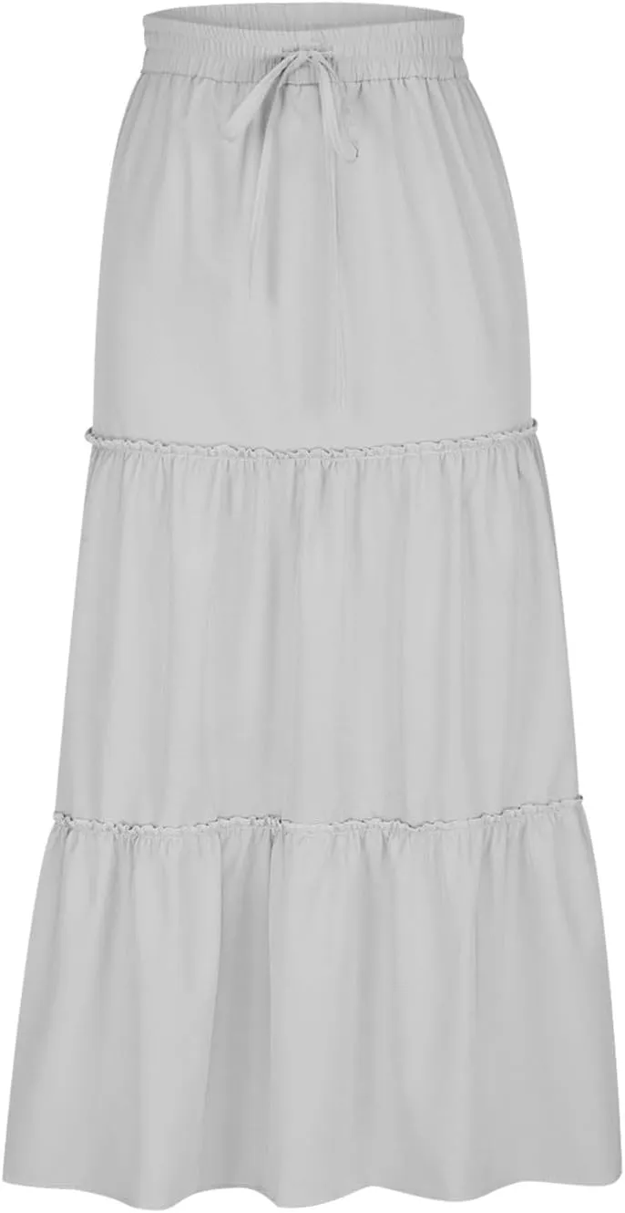 HGps8w Women's Boho Elastic High Waist A-line Skirts Ruffle A Line Flowy Tiered Beach Vacation Maxi Skirt with Drawstring