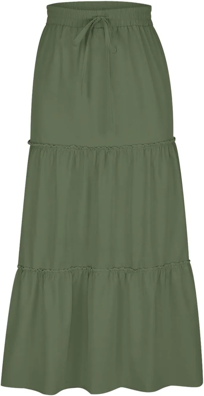 HGps8w Women's Boho Elastic High Waist A-line Skirts Ruffle A Line Flowy Tiered Beach Vacation Maxi Skirt with Drawstring