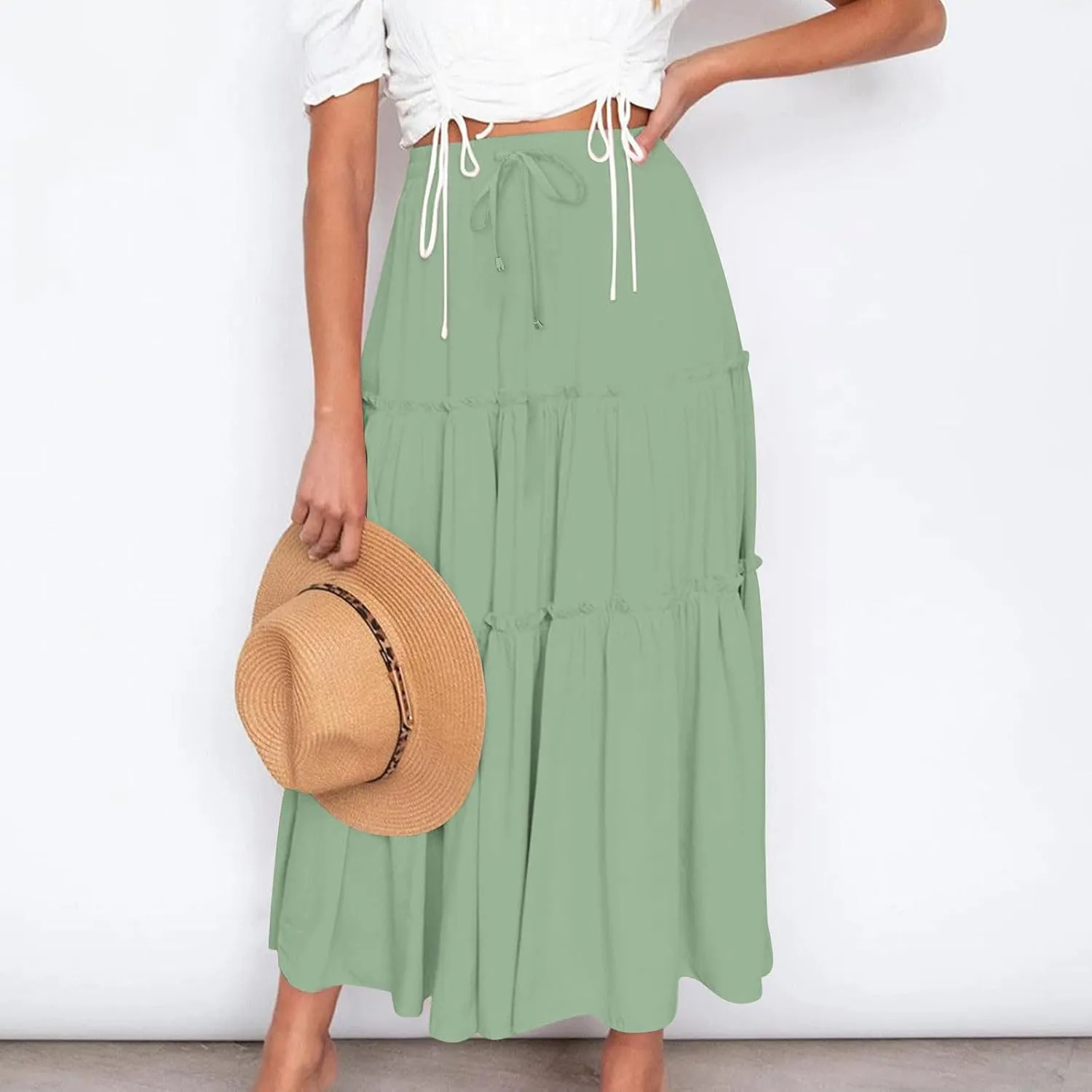 HGps8w Women's Boho Elastic High Waist A-line Skirts Ruffle A Line Flowy Tiered Beach Vacation Maxi Skirt with Drawstring