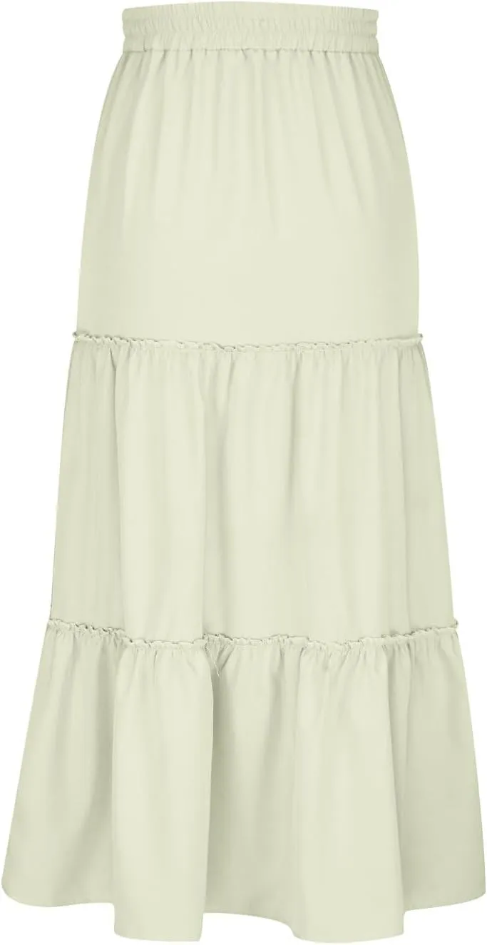 HGps8w Women's Boho Elastic High Waist A-line Skirts Ruffle A Line Flowy Tiered Beach Vacation Maxi Skirt with Drawstring