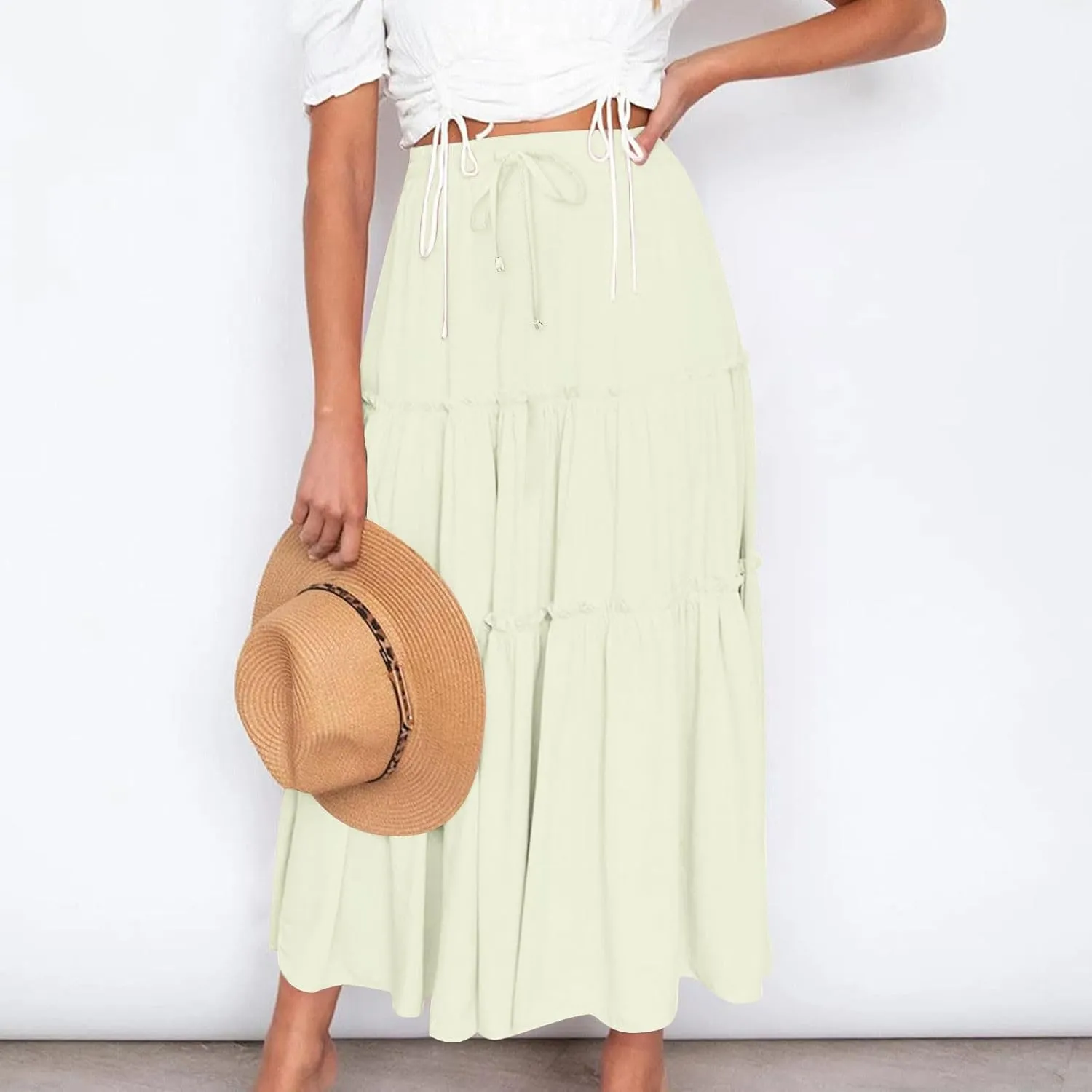 HGps8w Women's Boho Elastic High Waist A-line Skirts Ruffle A Line Flowy Tiered Beach Vacation Maxi Skirt with Drawstring