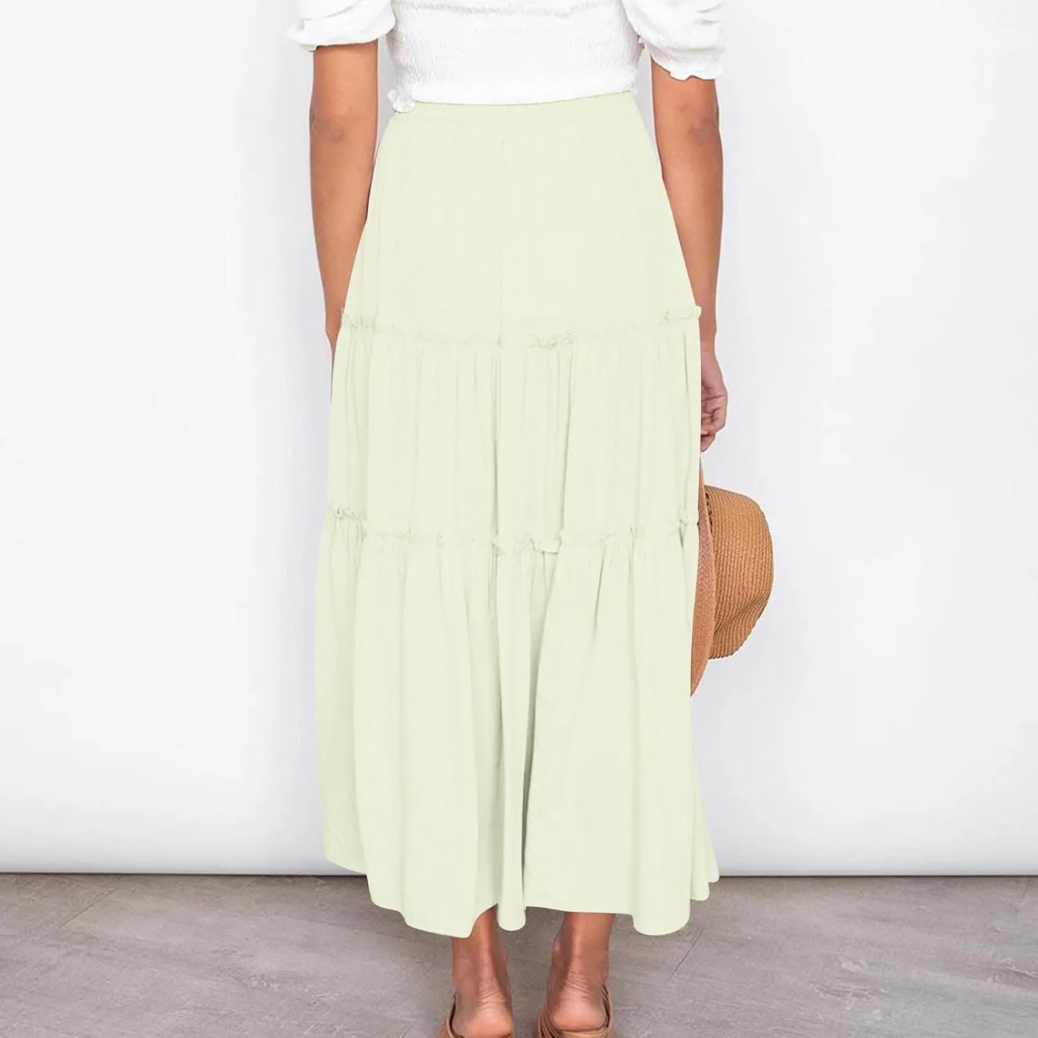 HGps8w Women's Boho Elastic High Waist A-line Skirts Ruffle A Line Flowy Tiered Beach Vacation Maxi Skirt with Drawstring