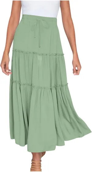 HGps8w Women's Boho Elastic High Waist A-line Skirts Ruffle A Line Flowy Tiered Beach Vacation Maxi Skirt with Drawstring