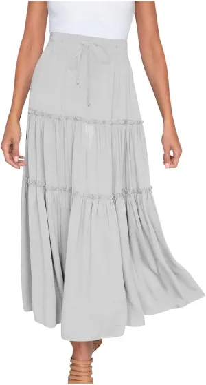 HGps8w Women's Boho Elastic High Waist A-line Skirts Ruffle A Line Flowy Tiered Beach Vacation Maxi Skirt with Drawstring