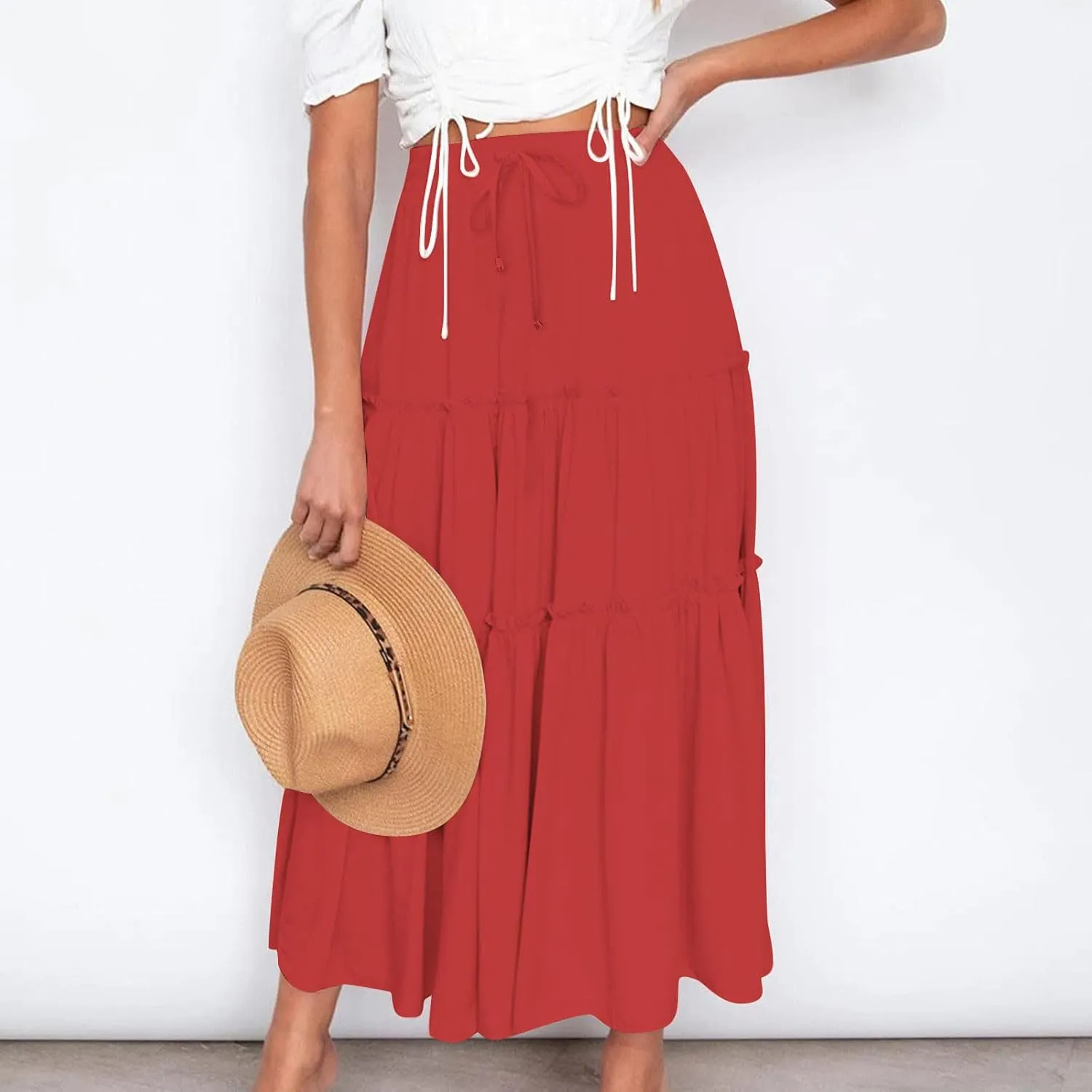 HGps8w Women's Boho Elastic High Waist A-line Skirts Ruffle A Line Flowy Tiered Beach Vacation Maxi Skirt with Drawstring