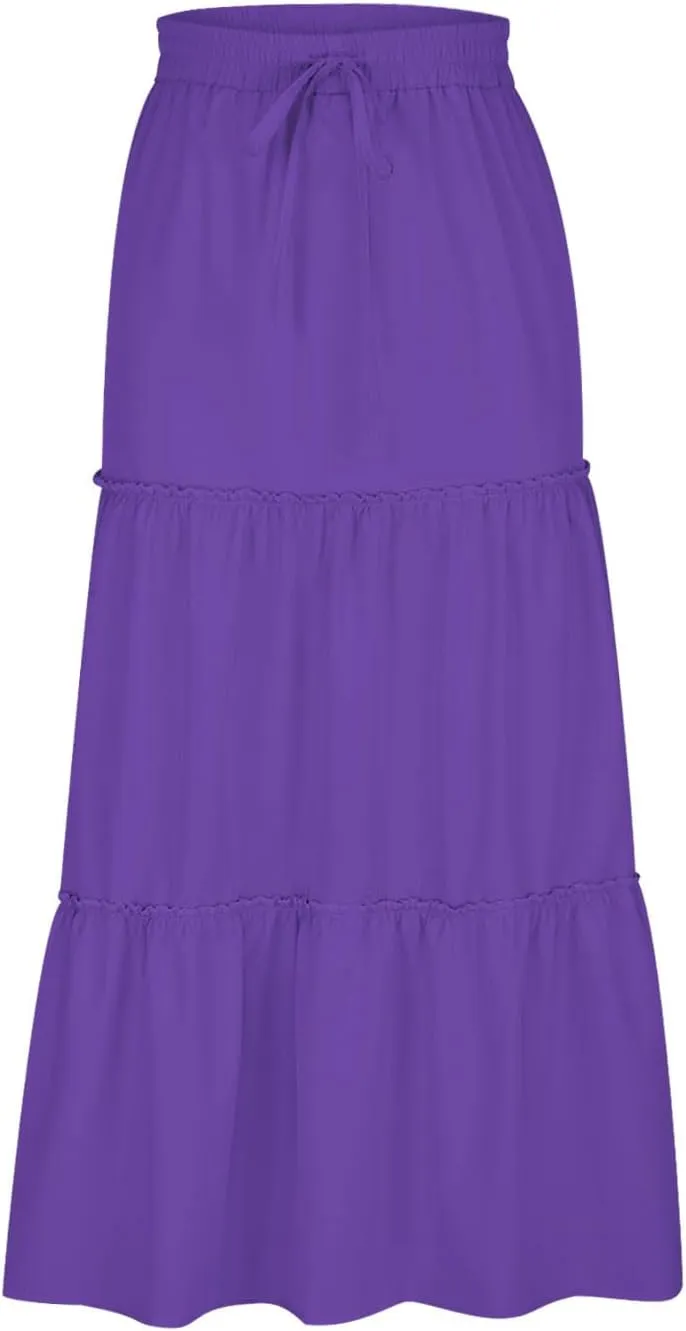 HGps8w Women's Boho Elastic High Waist A-line Skirts Ruffle A Line Flowy Tiered Beach Vacation Maxi Skirt with Drawstring