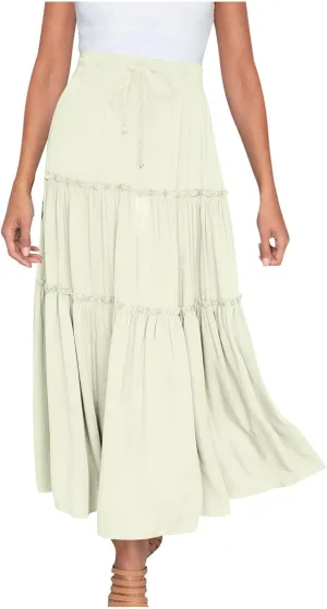 HGps8w Women's Boho Elastic High Waist A-line Skirts Ruffle A Line Flowy Tiered Beach Vacation Maxi Skirt with Drawstring