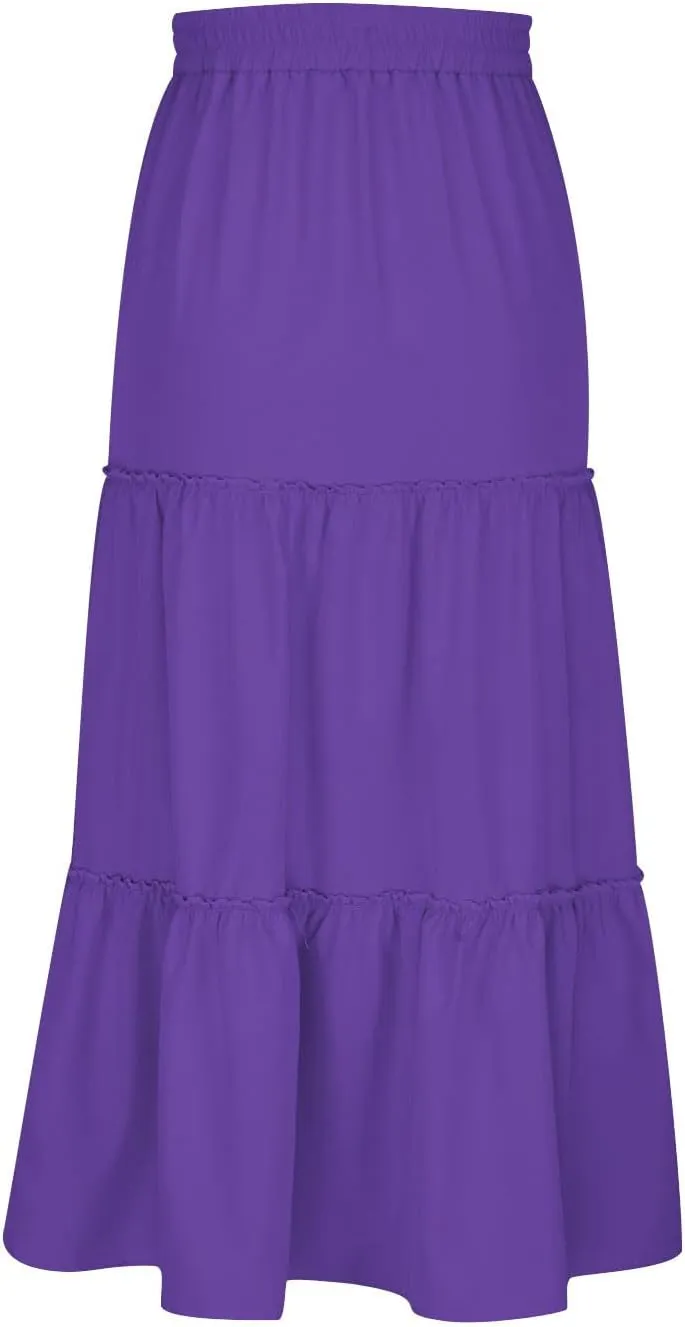 HGps8w Women's Boho Elastic High Waist A-line Skirts Ruffle A Line Flowy Tiered Beach Vacation Maxi Skirt with Drawstring