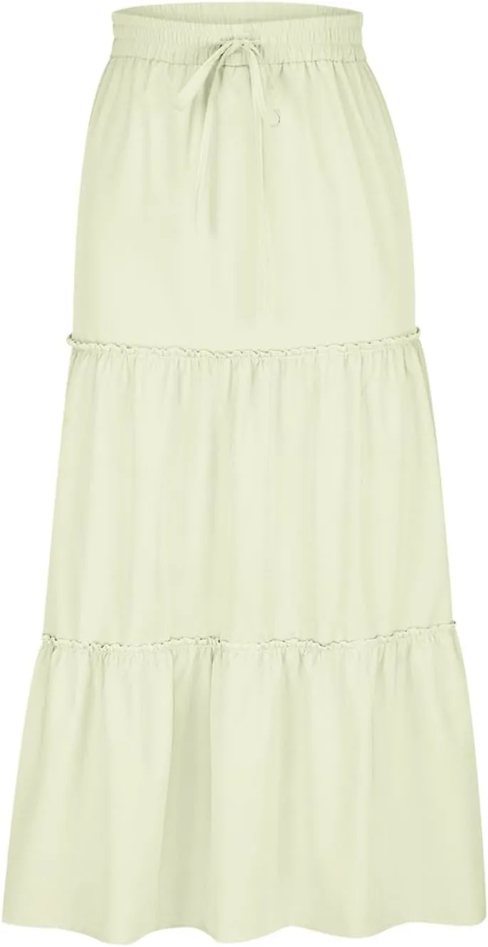 HGps8w Women's Boho Elastic High Waist A-line Skirts Ruffle A Line Flowy Tiered Beach Vacation Maxi Skirt with Drawstring