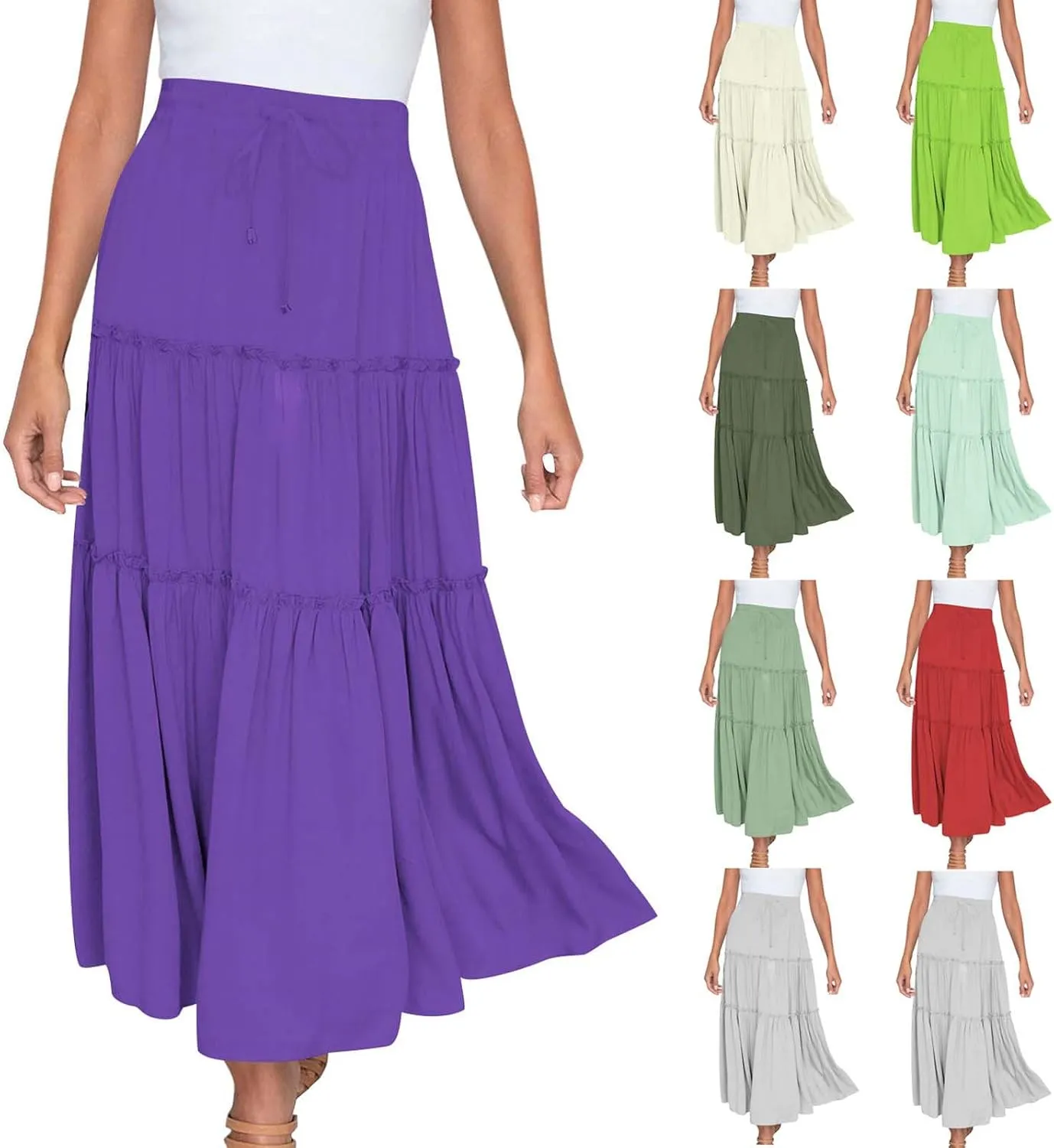HGps8w Women's Boho Elastic High Waist A-line Skirts Ruffle A Line Flowy Tiered Beach Vacation Maxi Skirt with Drawstring