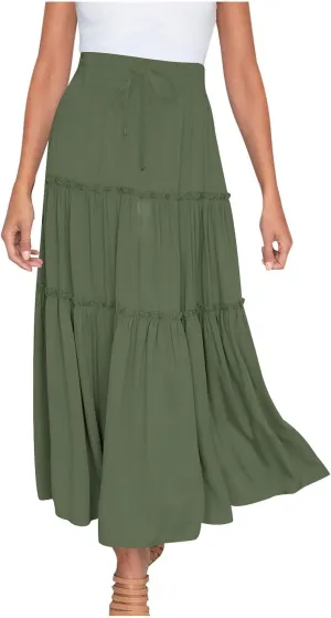 HGps8w Women's Boho Elastic High Waist A-line Skirts Ruffle A Line Flowy Tiered Beach Vacation Maxi Skirt with Drawstring