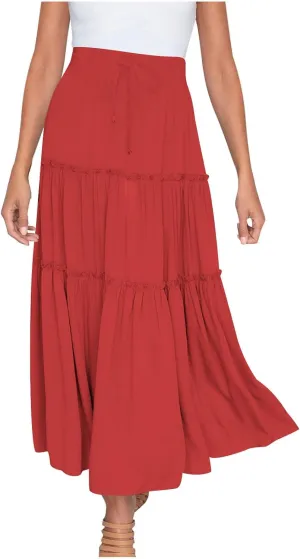 HGps8w Women's Boho Elastic High Waist A-line Skirts Ruffle A Line Flowy Tiered Beach Vacation Maxi Skirt with Drawstring
