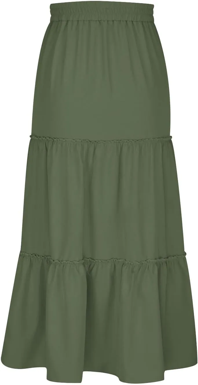 HGps8w Women's Boho Elastic High Waist A-line Skirts Ruffle A Line Flowy Tiered Beach Vacation Maxi Skirt with Drawstring