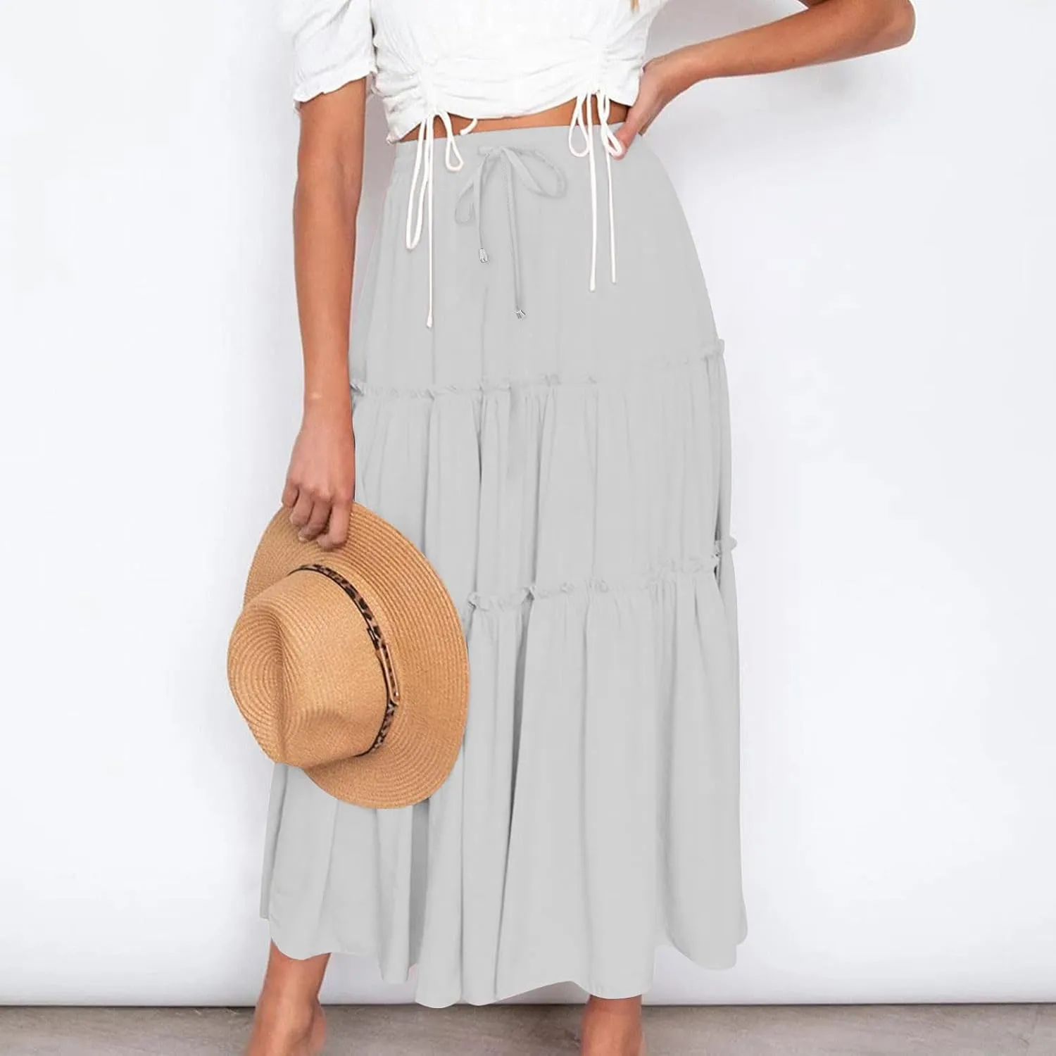 HGps8w Women's Boho Elastic High Waist A-line Skirts Ruffle A Line Flowy Tiered Beach Vacation Maxi Skirt with Drawstring