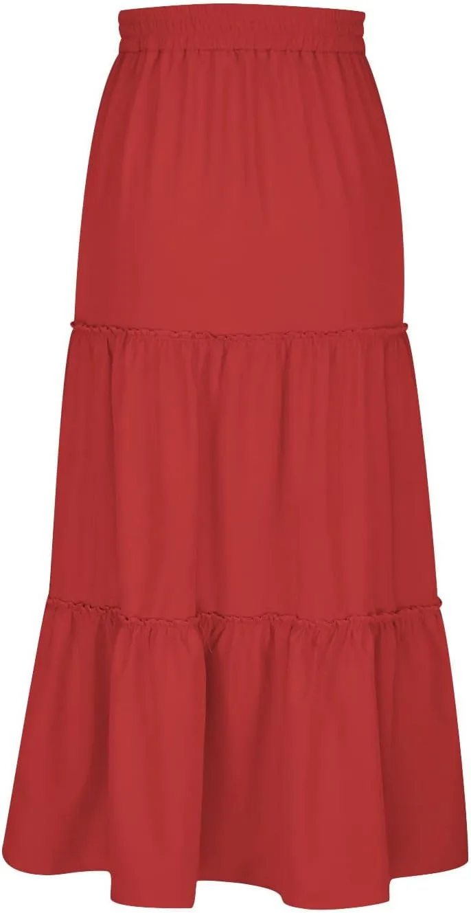 HGps8w Women's Boho Elastic High Waist A-line Skirts Ruffle A Line Flowy Tiered Beach Vacation Maxi Skirt with Drawstring