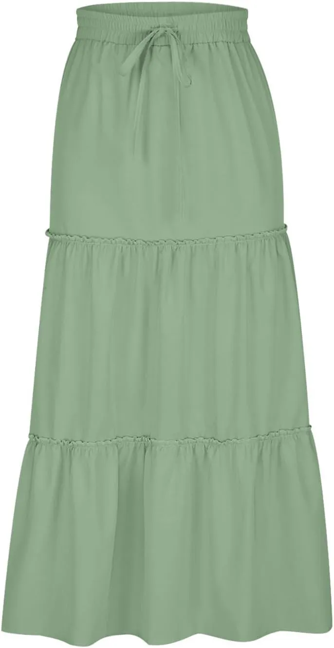 HGps8w Women's Boho Elastic High Waist A-line Skirts Ruffle A Line Flowy Tiered Beach Vacation Maxi Skirt with Drawstring