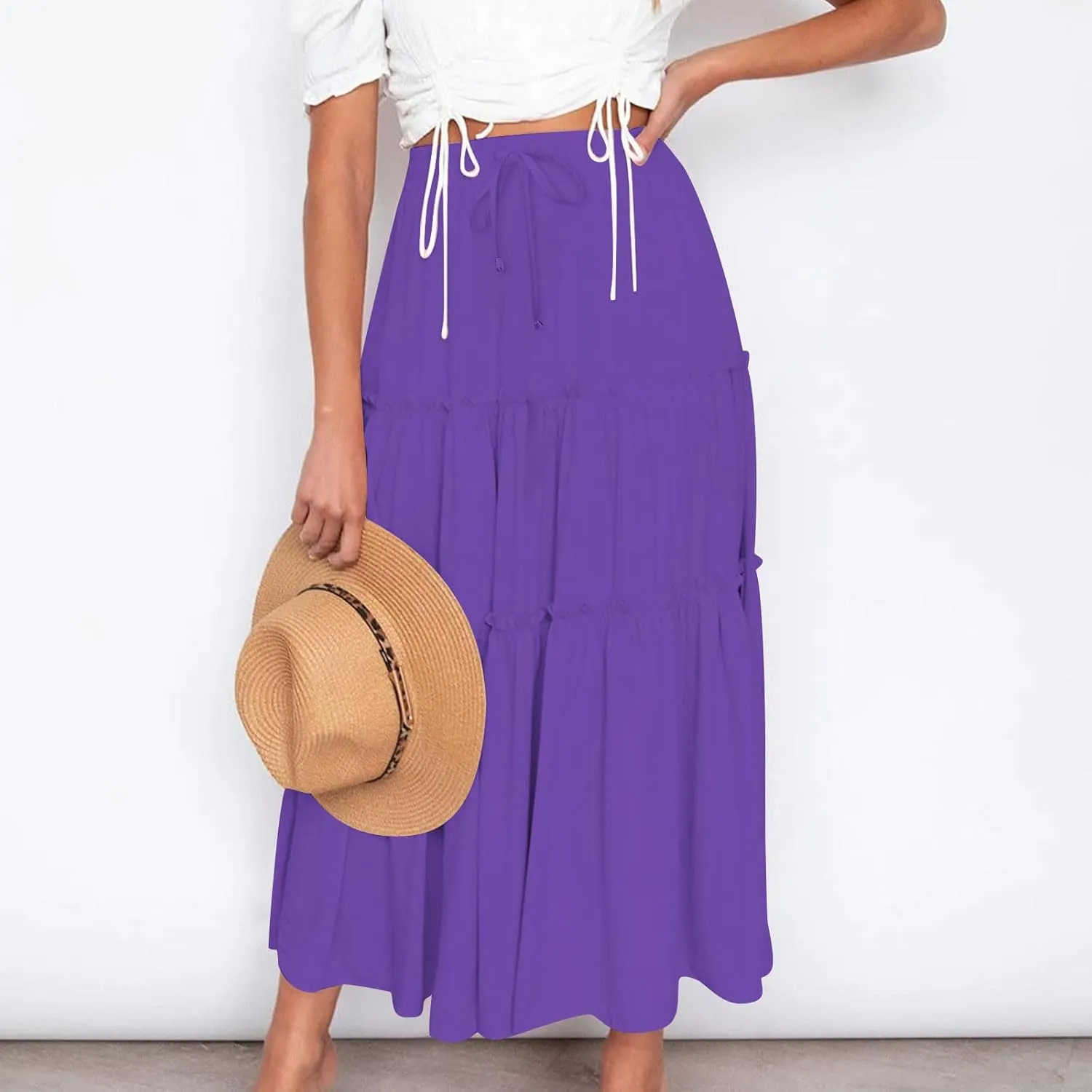 HGps8w Women's Boho Elastic High Waist A-line Skirts Ruffle A Line Flowy Tiered Beach Vacation Maxi Skirt with Drawstring