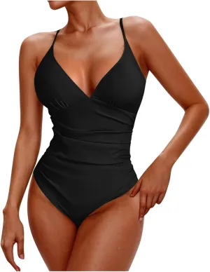 hlysgo One Piece Swimsuit Women Tummy Control High Waisted Deep V Neck Bathing Suit Ruched Modest Beach Swim Suits Monokini