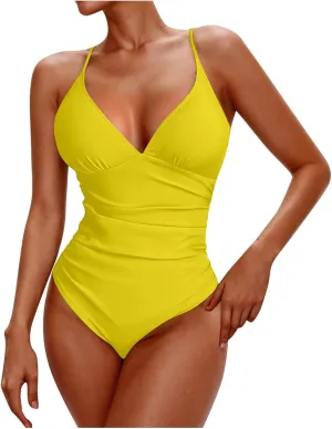 hlysgo One Piece Swimsuit Women Tummy Control High Waisted Deep V Neck Bathing Suit Ruched Modest Beach Swim Suits Monokini
