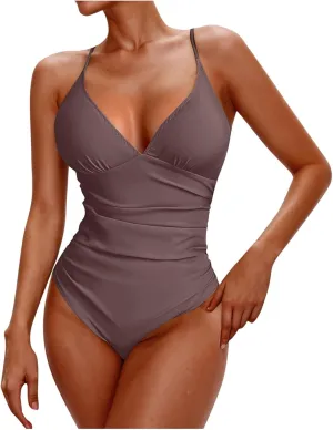 hlysgo One Piece Swimsuit Women Tummy Control High Waisted Deep V Neck Bathing Suit Ruched Modest Beach Swim Suits Monokini