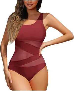 hlysgo Swimsuit for Women One Piece Bathing Suit Mesh Patchwork Adjustable Straps Monokini Tummy Control Modest Swimwear