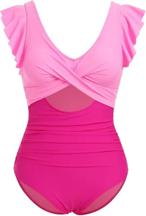 IKADEX Women Cutout One Piece Swimsuit Ruffle Cross V-Neck Backless Tummy Control Vintage Swimwear