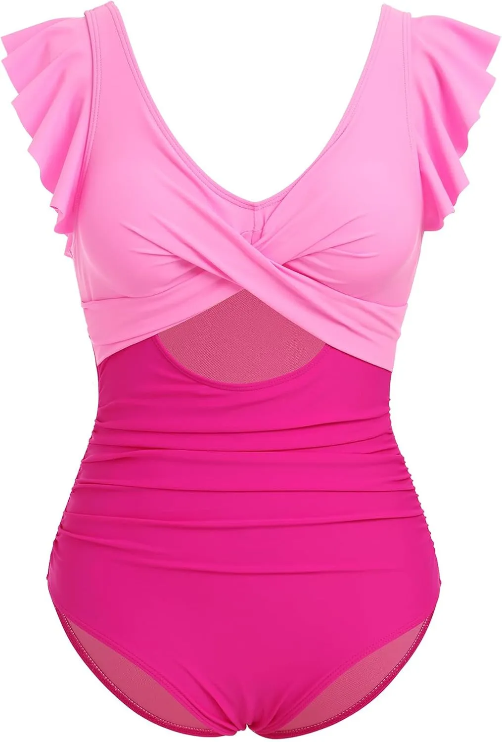 IKADEX Women Cutout One Piece Swimsuit Ruffle Cross V-Neck Backless Tummy Control Vintage Swimwear
