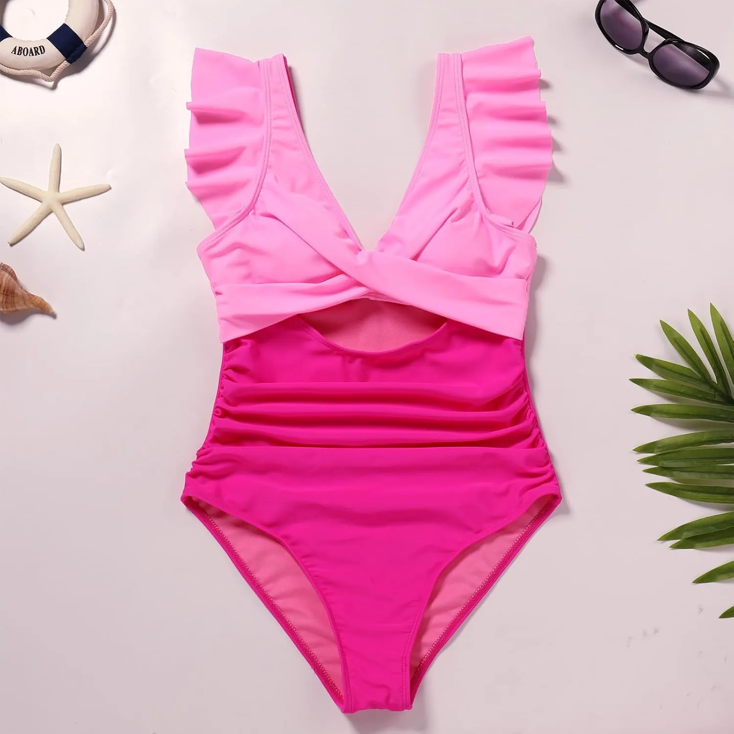 IKADEX Women Cutout One Piece Swimsuit Ruffle Cross V-Neck Backless Tummy Control Vintage Swimwear