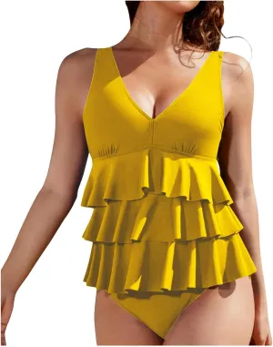 jsaierl Modest Bikini Sets for Women V Neck Ruffle Bathing Suits Fashion Tummy Control High Cut Swimwear 2 Piece Swimsuits