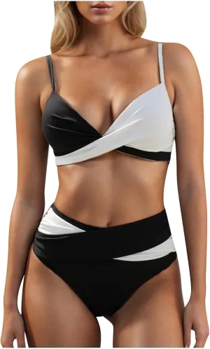 jsaierl Sexy Bikini Sets for Women Color Block Front Twist Two Piece Swimsuits High Waist Slimming Tummy Control Bathing Suit