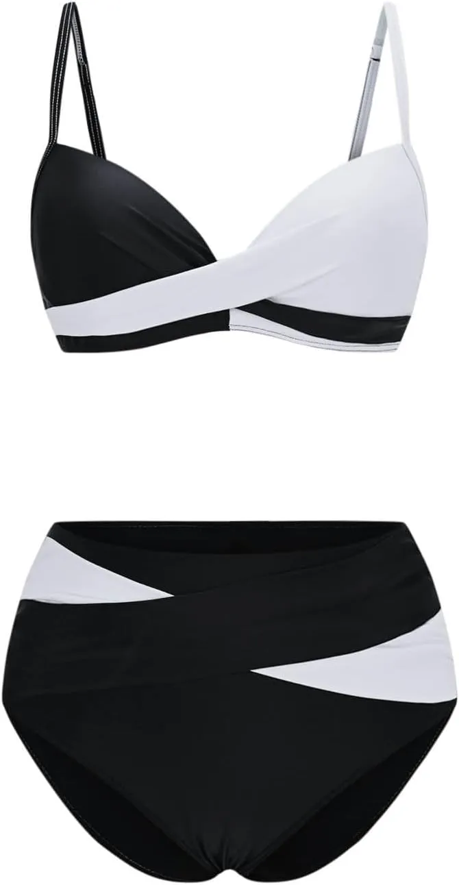 jsaierl Sexy Bikini Sets for Women Color Block Front Twist Two Piece Swimsuits High Waist Slimming Tummy Control Bathing Suit