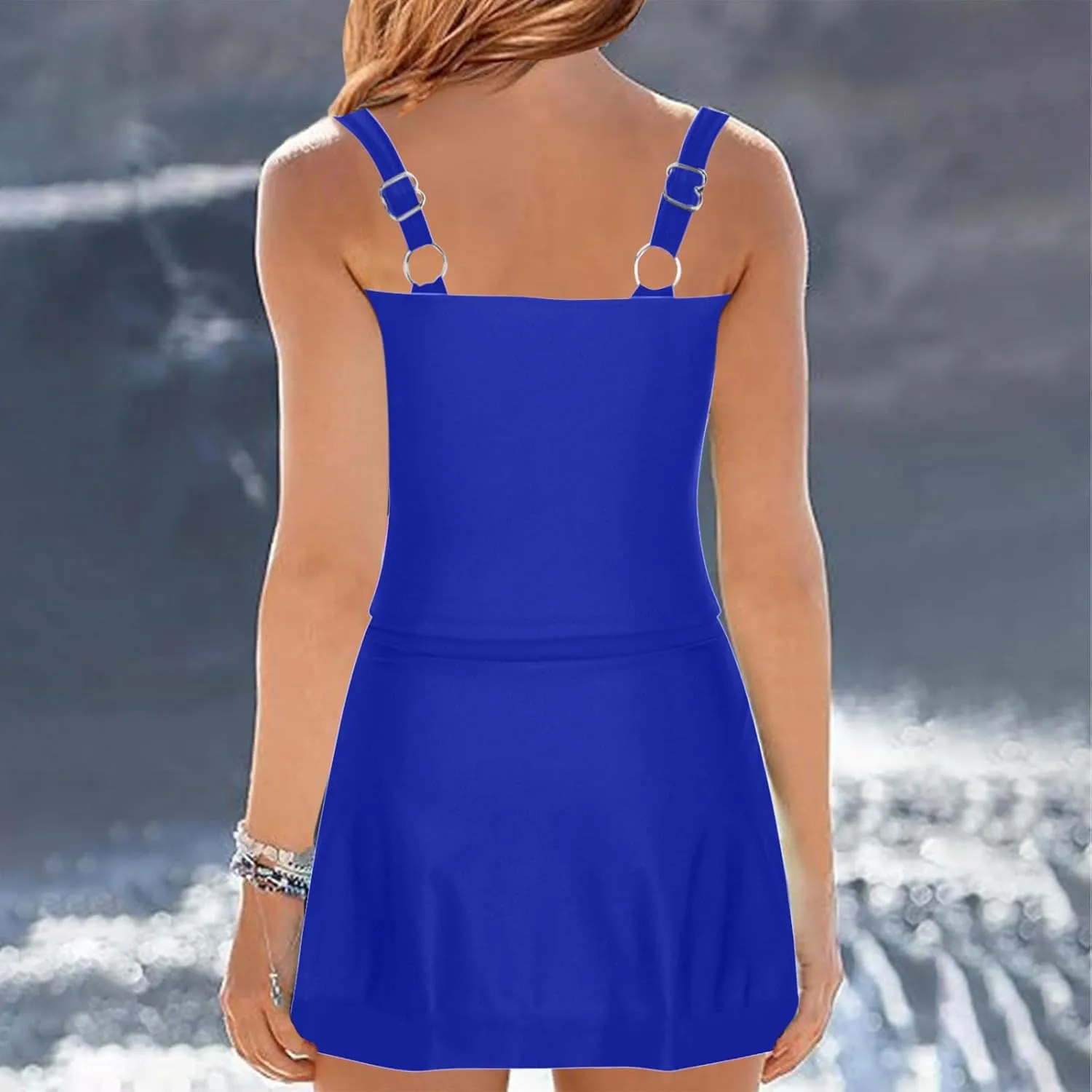 jsaierl Swimdress for Women 2 Piece Bathing Suits Adjustable Strap Ruched Tummy Control Swimwear Solid Swim Tank with Skirts