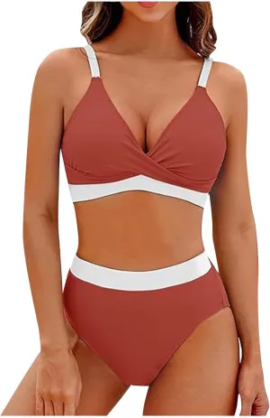 jsaierl Women Bikini Sets Front Twist Push Up Two Piece Swimsuits Color Block High Waisted Tummy Control Ruched Bathing Suits