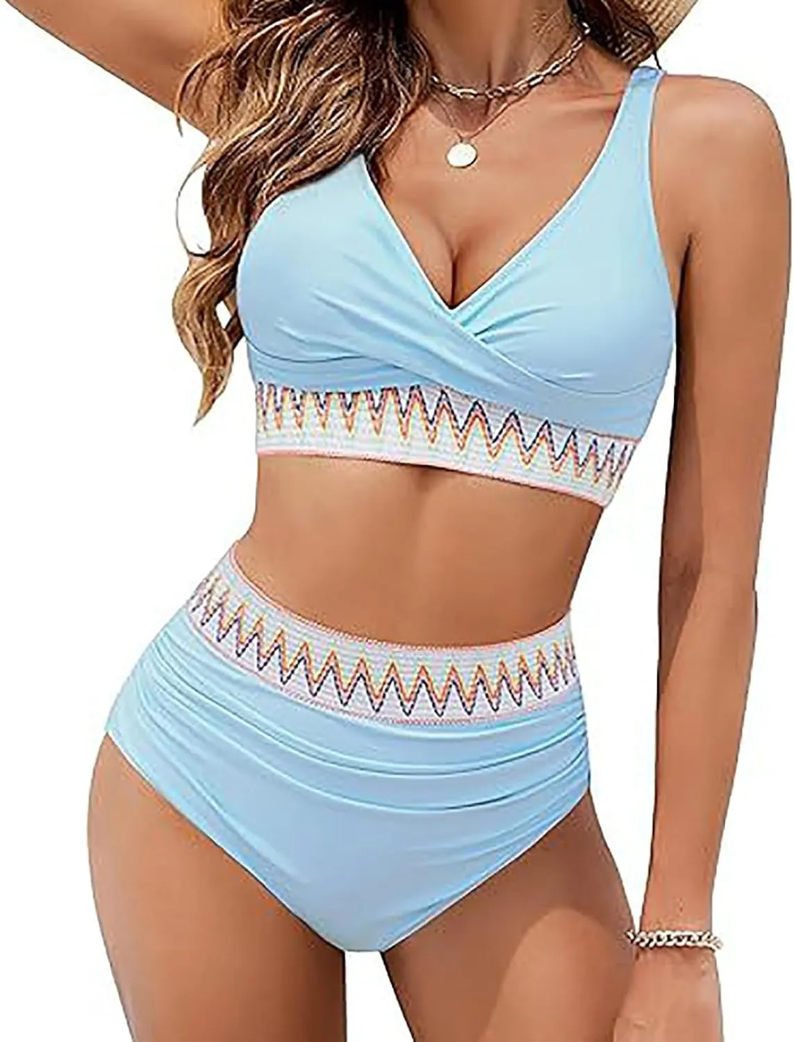 jsaierl Women Bikini Sets Front Twist Push Up Two Piece Swimsuits Color Block High Waisted Tummy Control Ruched Bathing Suits