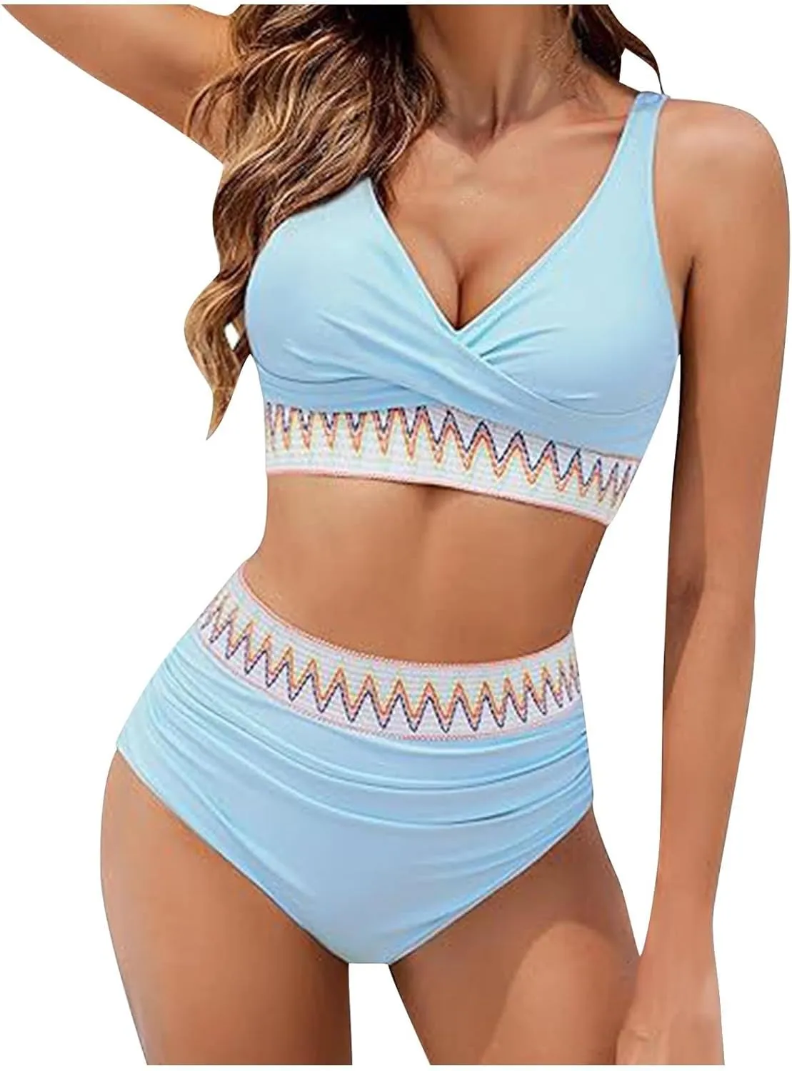 jsaierl Women Bikini Sets Front Twist Push Up Two Piece Swimsuits Color Block High Waisted Tummy Control Ruched Bathing Suits
