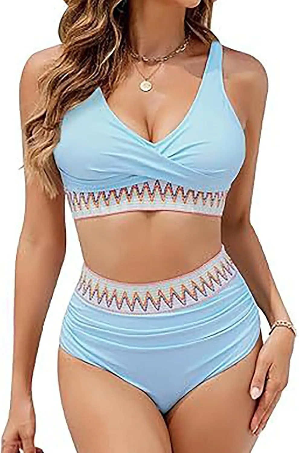 jsaierl Women Bikini Sets Front Twist Push Up Two Piece Swimsuits Color Block High Waisted Tummy Control Ruched Bathing Suits
