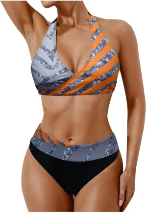 jsaierl Women Bikini Sets Sexy Triangle Bathing Suit Fashion Colourful Striped Print 2 Piece Swimwear Tummy Control Swimsuits