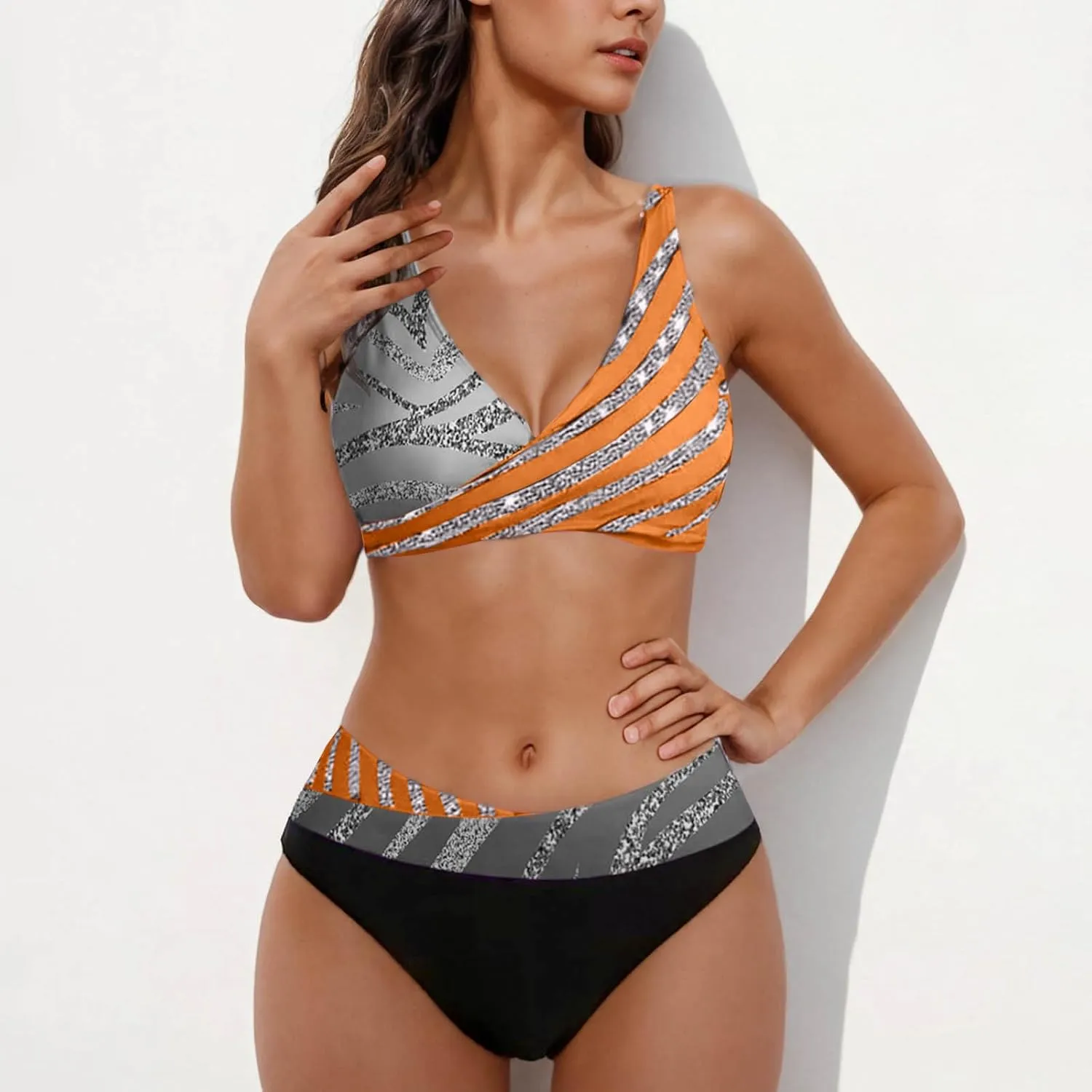 jsaierl Women Bikini Sets Sexy Triangle Bathing Suit Fashion Colourful Striped Print 2 Piece Swimwear Tummy Control Swimsuits
