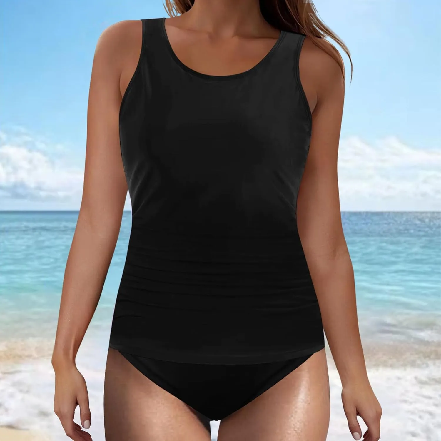 jsaierl Women Padded Tankini Swimsuits Summer Beach Vacation Two Piece Sporty Bathing Suits Ruched Tank Tops with Swim Bottom