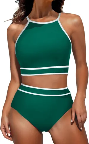 jsaierl Women's Bikini Sets Trendy Color Block Two Piece Bathing Suits High Waisted Tummy Control Swimsuits 2025 Beachwear