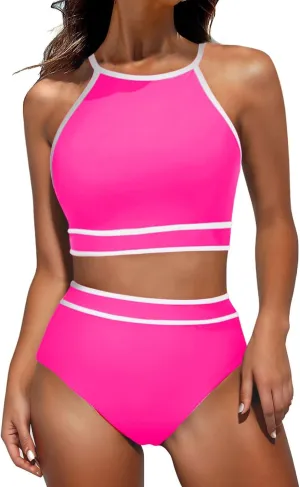 jsaierl Women's Bikini Sets Trendy Color Block Two Piece Bathing Suits High Waisted Tummy Control Swimsuits 2025 Beachwear