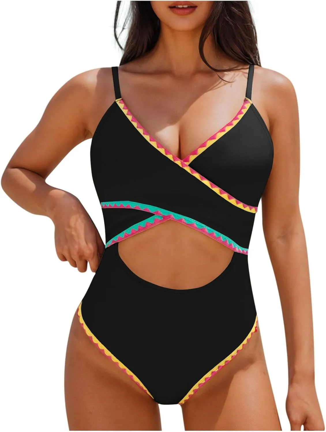 jsaierl Womens Padded Bikini One Piece Swimsuits Sexy Cut Out Back Strappy Bathing Suits Tummy Control Front Twist Swimwear