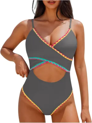 jsaierl Womens Padded Bikini One Piece Swimsuits Sexy Cut Out Back Strappy Bathing Suits Tummy Control Front Twist Swimwear