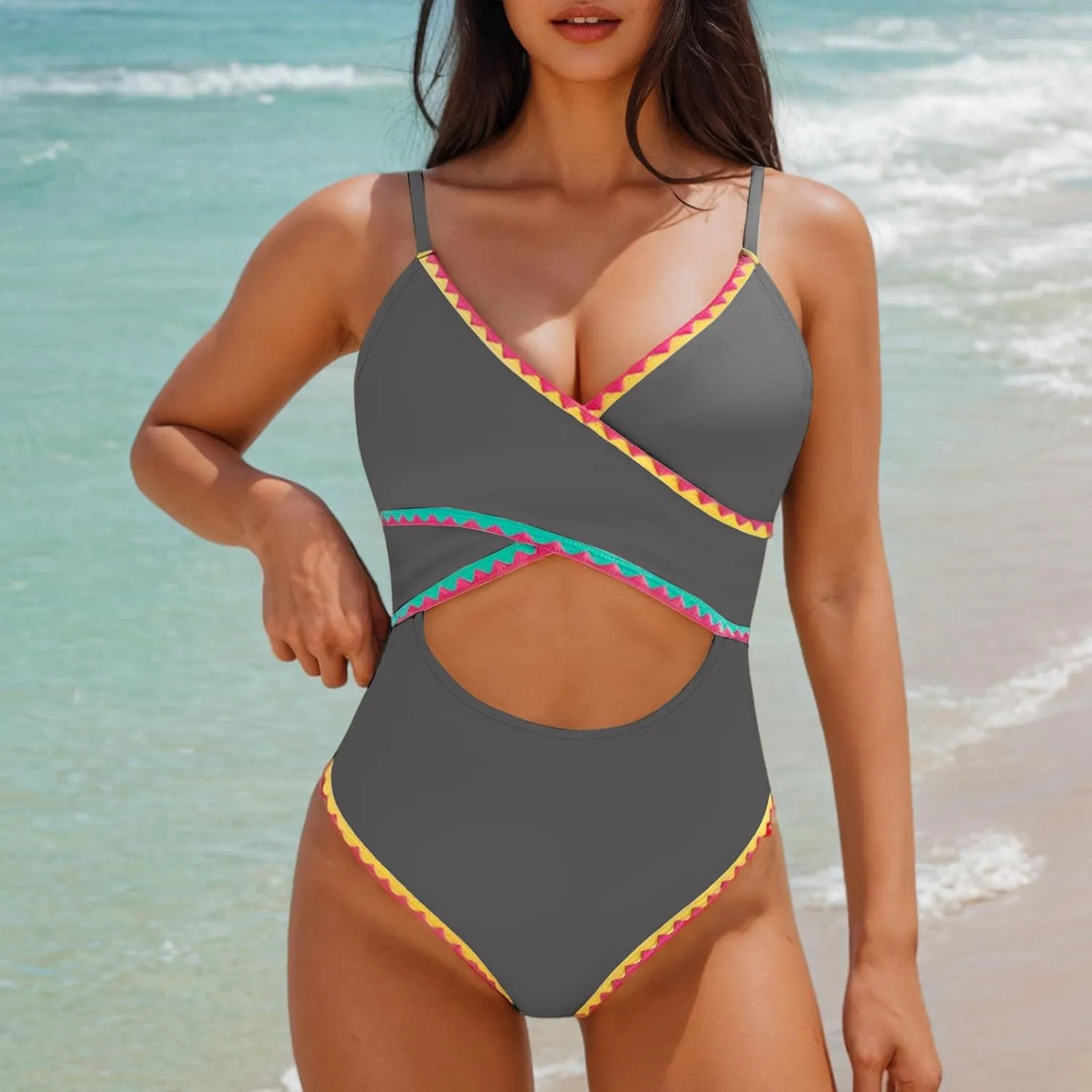 jsaierl Womens Padded Bikini One Piece Swimsuits Sexy Cut Out Back Strappy Bathing Suits Tummy Control Front Twist Swimwear