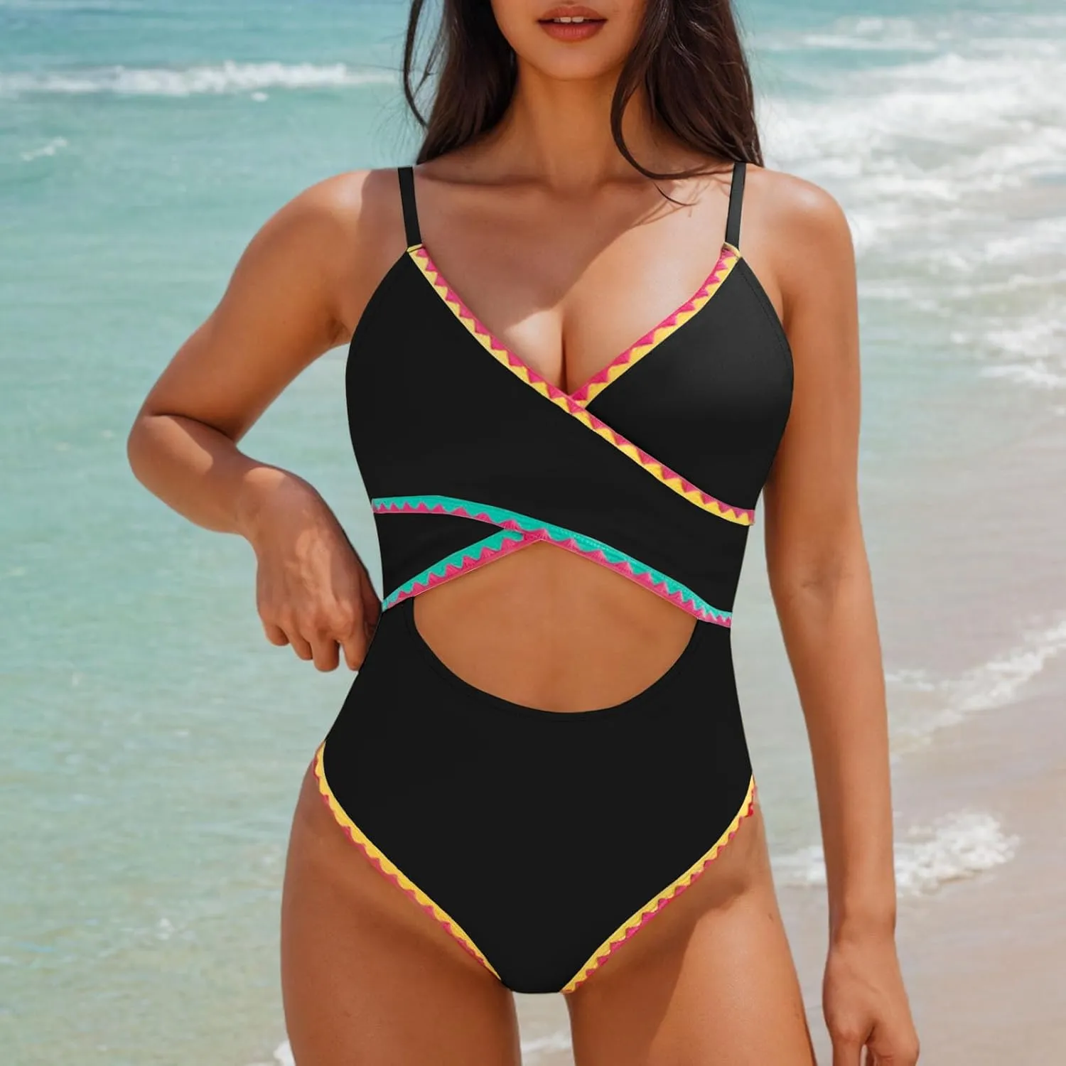 jsaierl Womens Padded Bikini One Piece Swimsuits Sexy Cut Out Back Strappy Bathing Suits Tummy Control Front Twist Swimwear